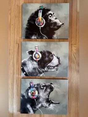 Set of 3 animal Portrait Canvases with Colorful Headphones 11.75 x 15.75 inches